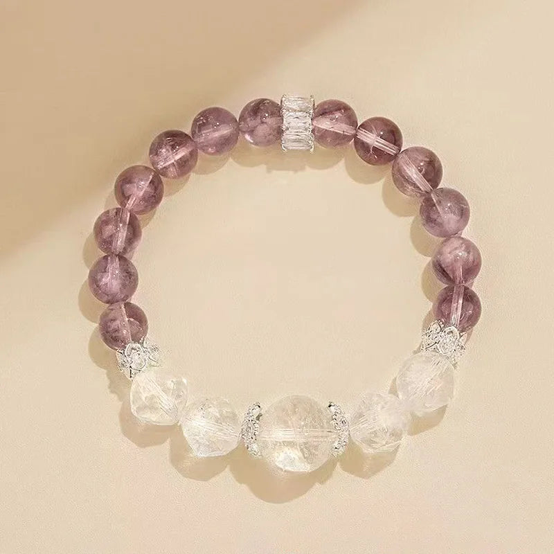 Himalayan Pilgrimage|Amethyst & Clear Quartz Single-Strand Bracelet