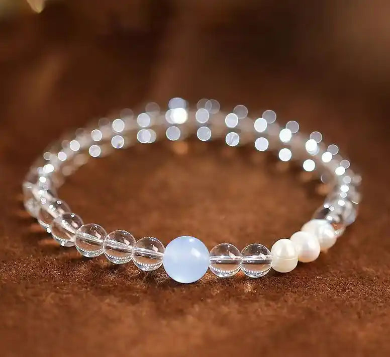 Clear Quartz Bracelet with Blue Quartz Accent | Clarity & Calm