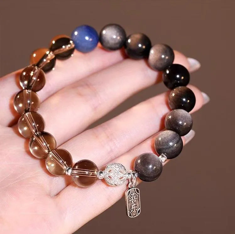 Smoky Quartz & Silver Obsidian·Himalayan Light Inscription——Wrist Guardian with "Joy"