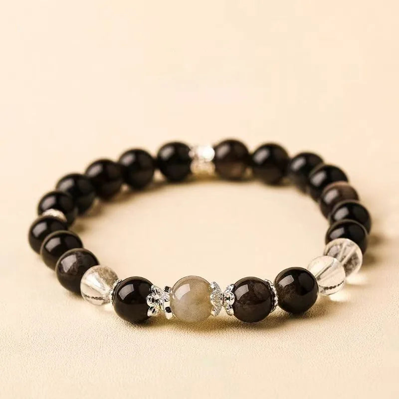Tibetan Guardian Trio | Obsidian, Clear Quartz & Smoky Quartz Bracelet