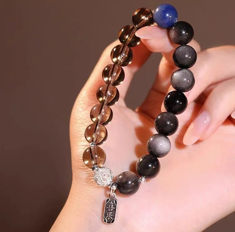 Smoky Quartz & Silver Obsidian·Himalayan Light Inscription——Wrist Guardian with "Joy"