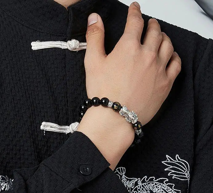 Obsidian Pi Xiu Bracelet|Shadowlight Guardian·Silver Sentinel