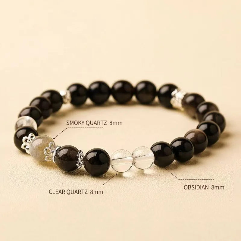 Tibetan Guardian Trio | Obsidian, Clear Quartz & Smoky Quartz Bracelet