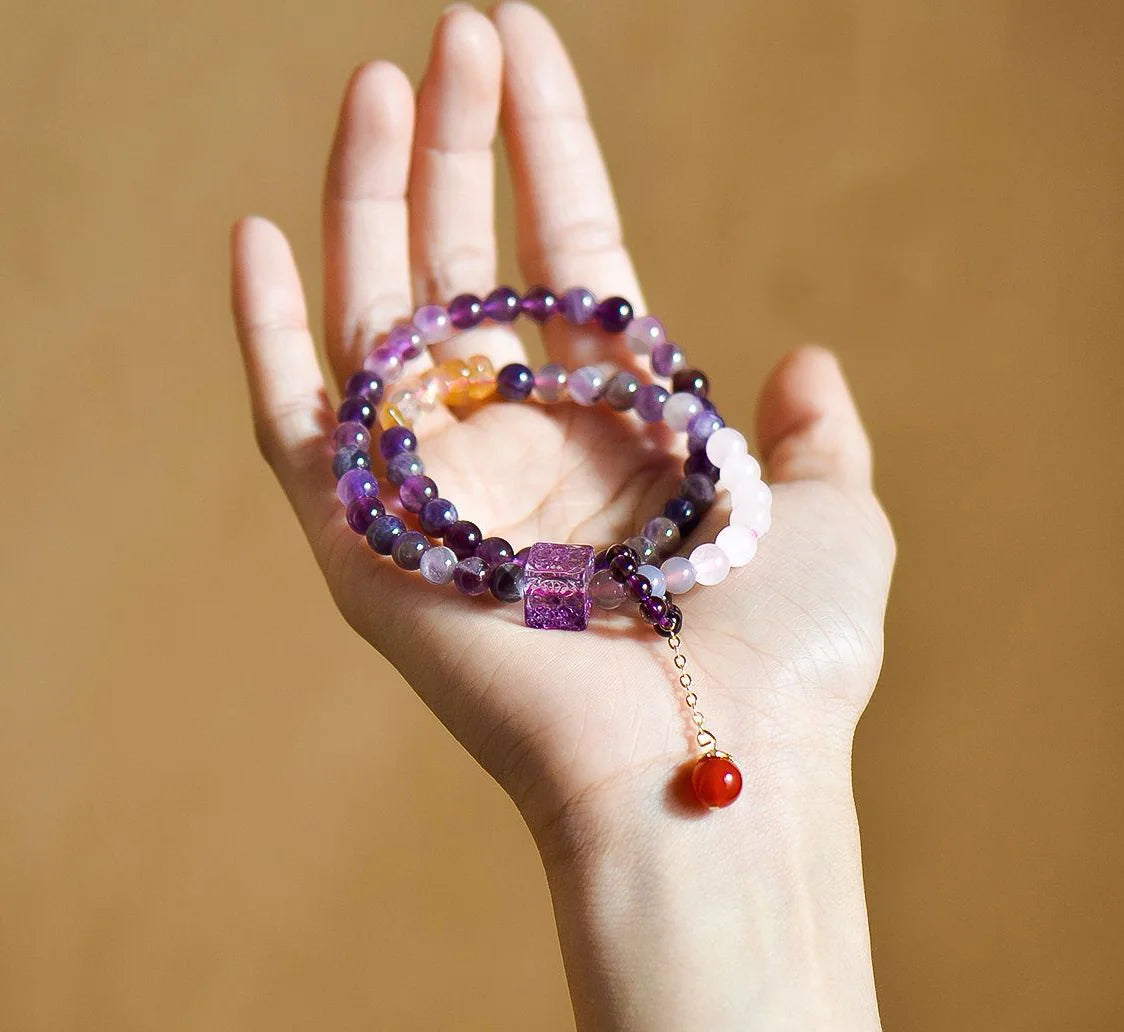 Geometric Amethyst Double Strand|Tibetan Crystal Cubes · Energy Duo