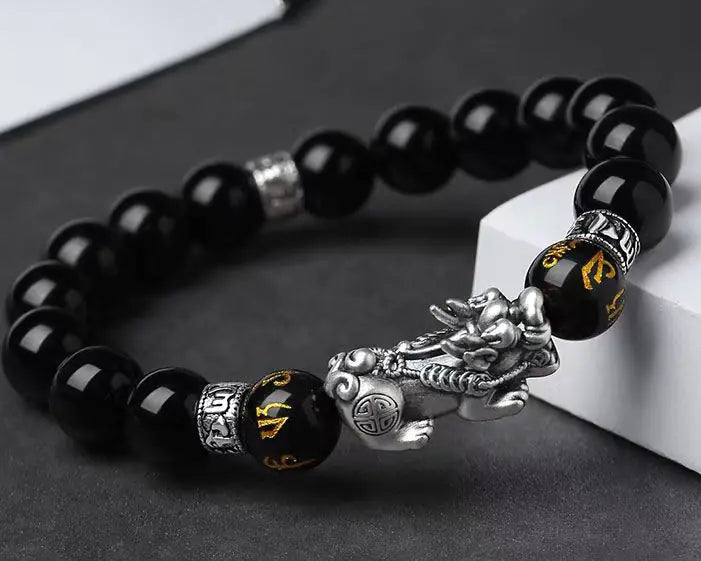 Obsidian Pi Xiu Bracelet|Shadowlight Guardian·Silver Sentinel