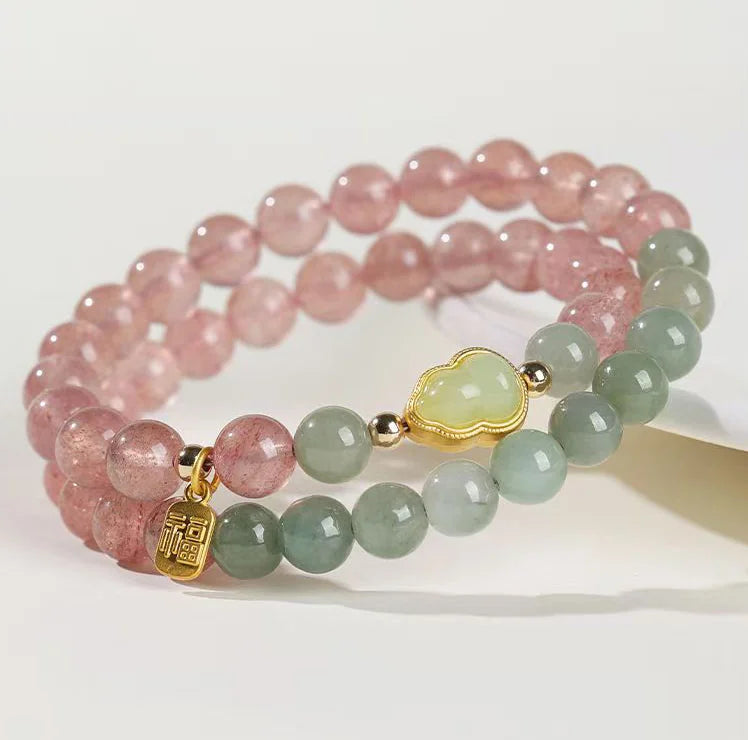 Hand-strung Strawberry Quartz & Blue Jade Mala