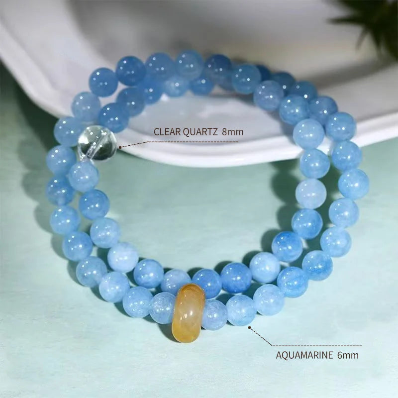 Himalayan Tides|Aquamarine & Clear Quartz Dual-Strand Bracelet