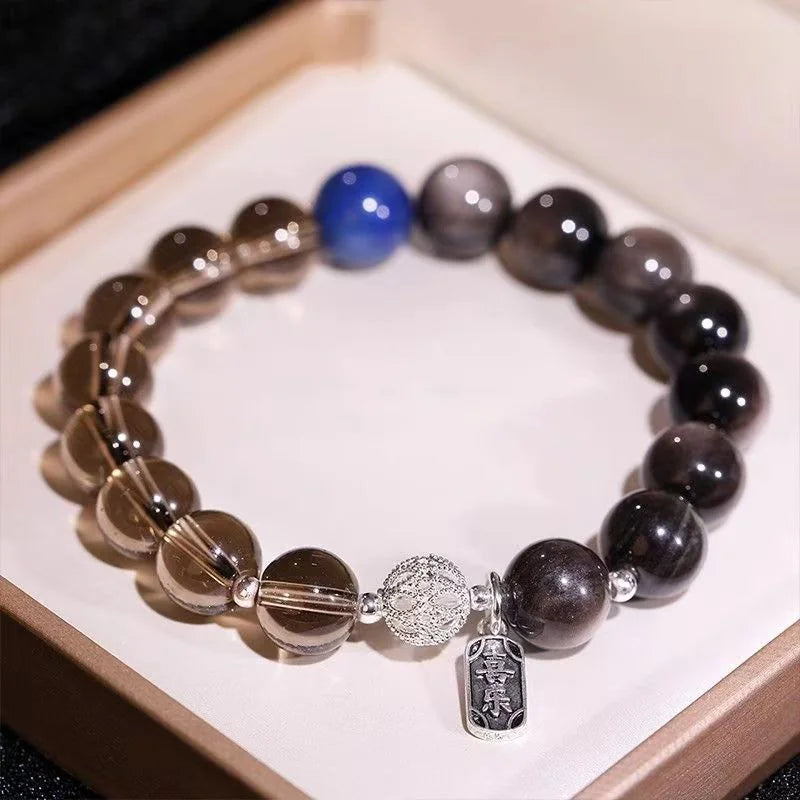 Smoky Quartz & Silver Obsidian·Himalayan Light Inscription——Wrist Guardian with "Joy"