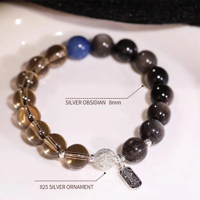 Smoky Quartz & Silver Obsidian·Himalayan Light Inscription——Wrist Guardian with "Joy"