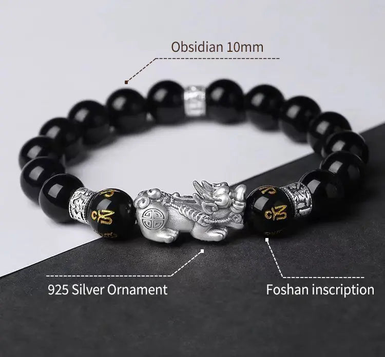 Obsidian Pi Xiu Bracelet|Shadowlight Guardian·Silver Sentinel