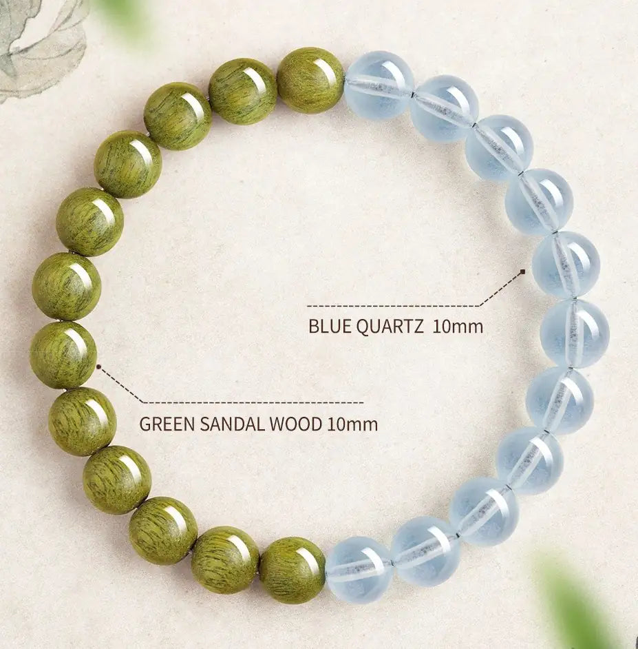 Himalayan Heaven & Earth Mala - Blue Quartz & Green Sandalwood 10mm Beads