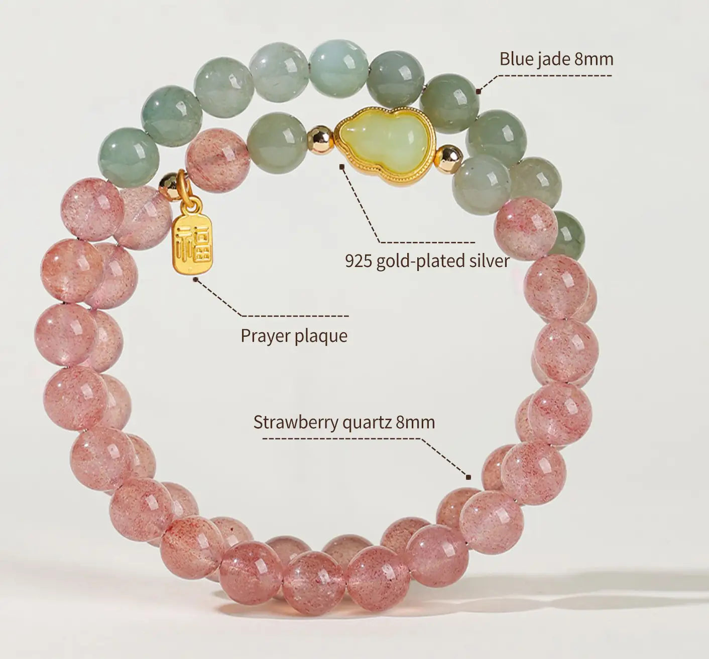 Hand-strung Strawberry Quartz & Blue Jade Mala