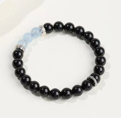 Obsidian & Aquamarine Beaded Bracelet｜Starry Night · Ocean Whisper