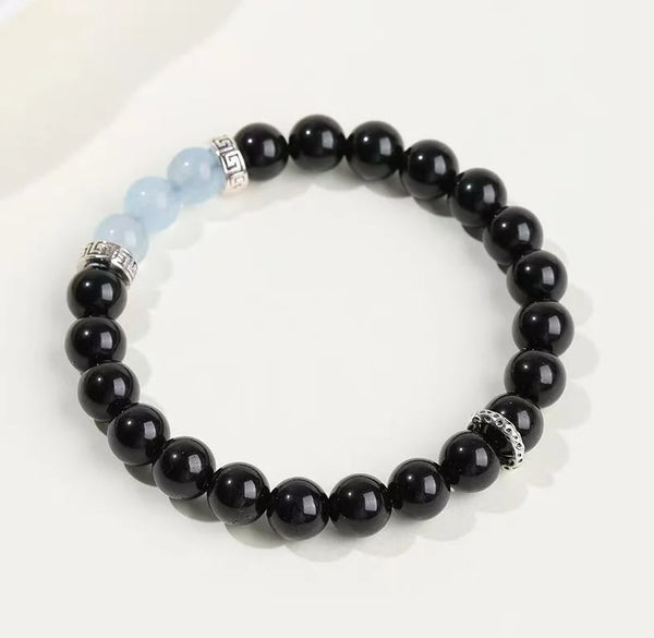Obsidian & Aquamarine Beaded Bracelet｜Starry Night · Ocean Whisper