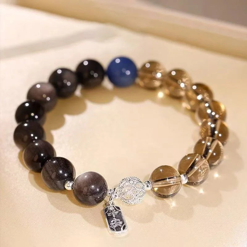 Smoky Quartz & Silver Obsidian·Himalayan Light Inscription——Wrist Guardian with "Joy"