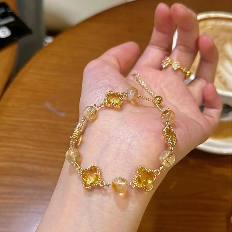 Citrine Single-Layer Bracelet｜Four-Leaf Clover·Himalayan Gold——A Lucky Charm of Prosperity