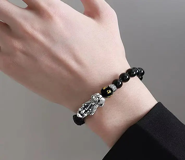 Obsidian Pi Xiu Bracelet｜Shadowlight Guardian·Silver Sentinel