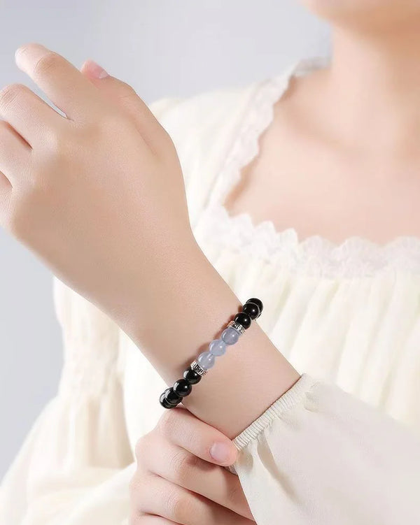 Obsidian & Aquamarine Beaded Bracelet｜Starry Night · Ocean Whisper