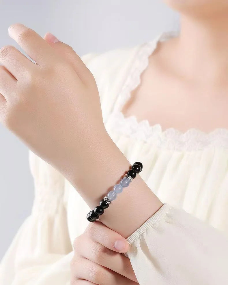 Obsidian & Aquamarine Beaded Bracelet｜Starry Night · Ocean Whisper
