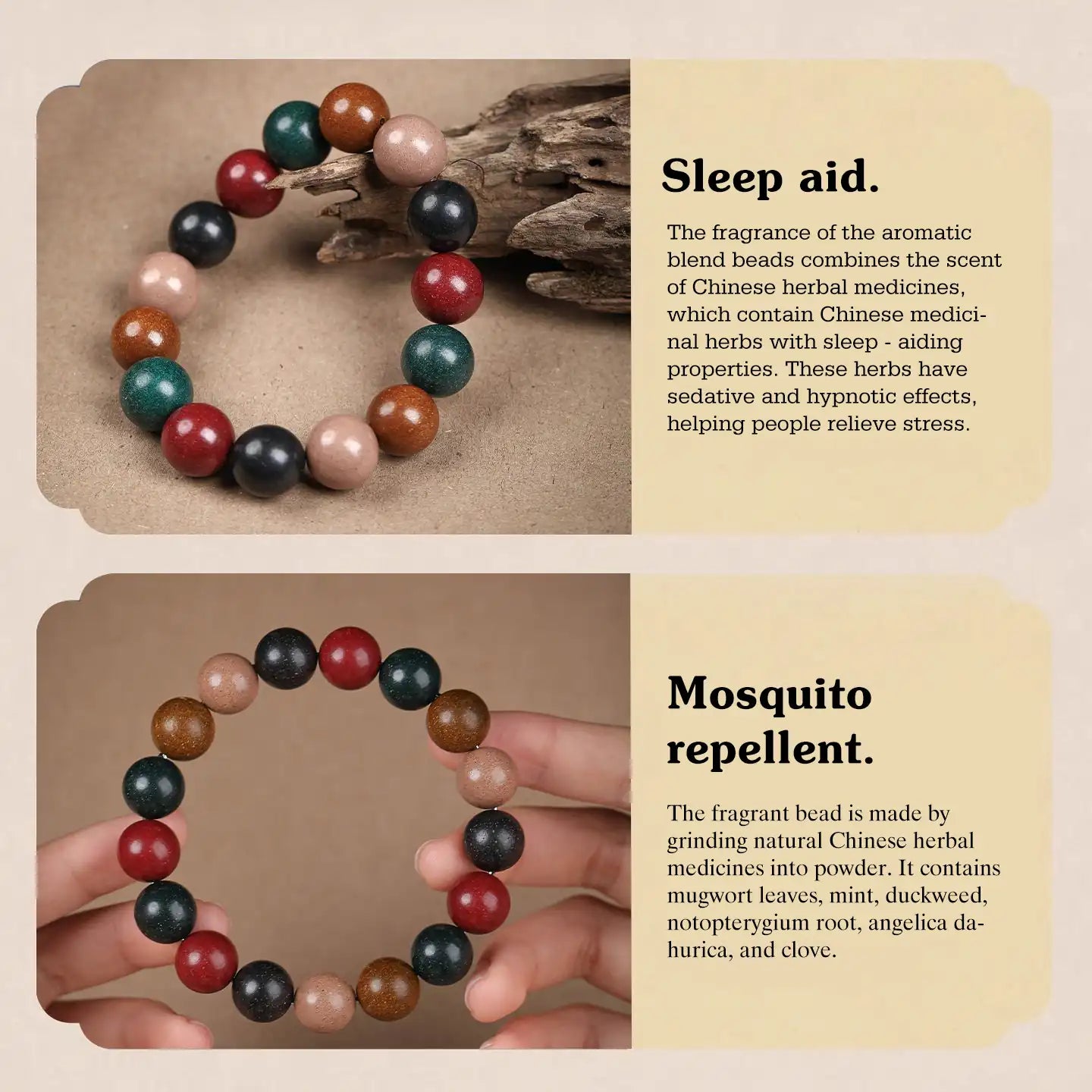 "Herbal Serenity" Incense Bead Bracelet: Four Herbs, Day & Night Care