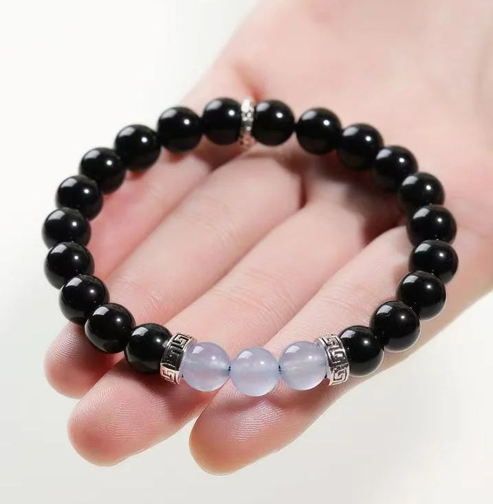 Obsidian & Aquamarine Beaded Bracelet｜Starry Night · Ocean Whisper