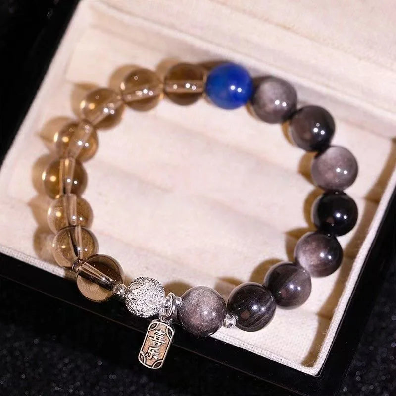 Smoky Quartz & Silver Obsidian·Himalayan Light Inscription——Wrist Guardian with "Joy"