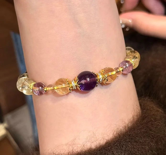 Citrine Single-Layer Bracelet｜Amber Glow with Amethyst Core·Himalayan Light——Your Wristbound Energy Treasure