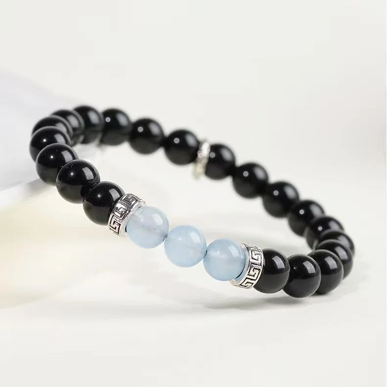 Obsidian & Aquamarine Beaded Bracelet｜Starry Night · Ocean Whisper
