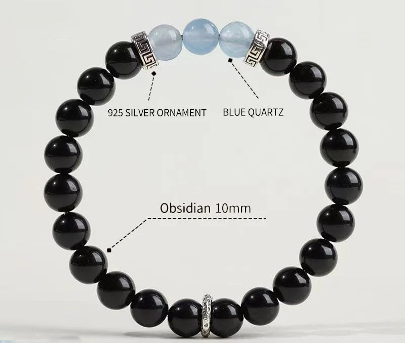 Obsidian & Aquamarine Beaded Bracelet｜Starry Night · Ocean Whisper